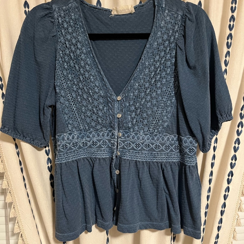 Lucky Brand Navy Embroidered Blouse